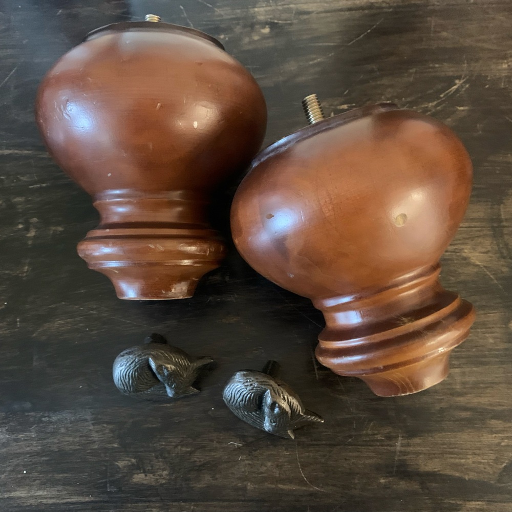 Solid wood furniture feet and metal drawer pulls